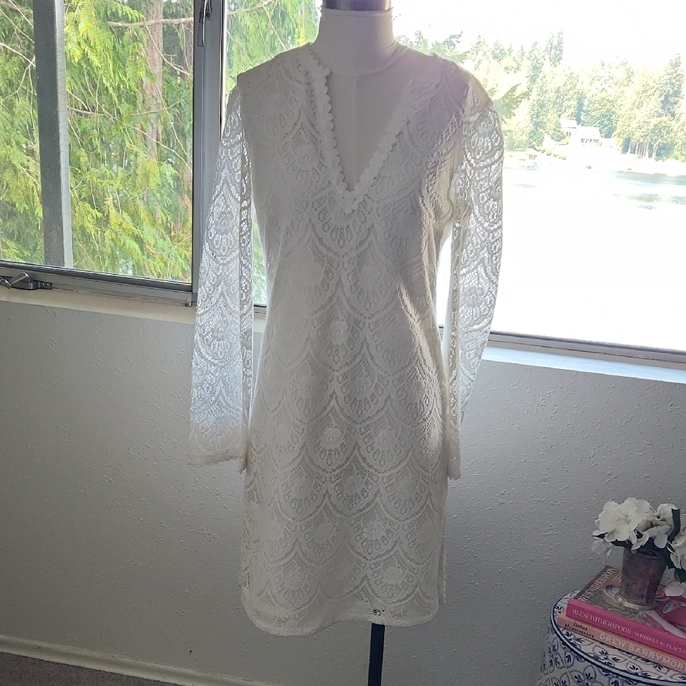 Trina Turk White Lace Long Sleeve Dress